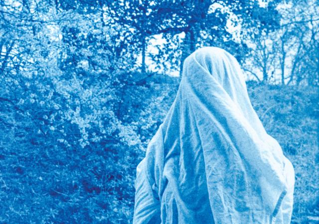 A photograph that is entirely Prussian blue in color, of a figure draped in a cloth or bedsheet to appear like a ghost, as the sheet seems to be blowing in the wind. The image is taken outside, with a natural background featuring trees and a hillside.