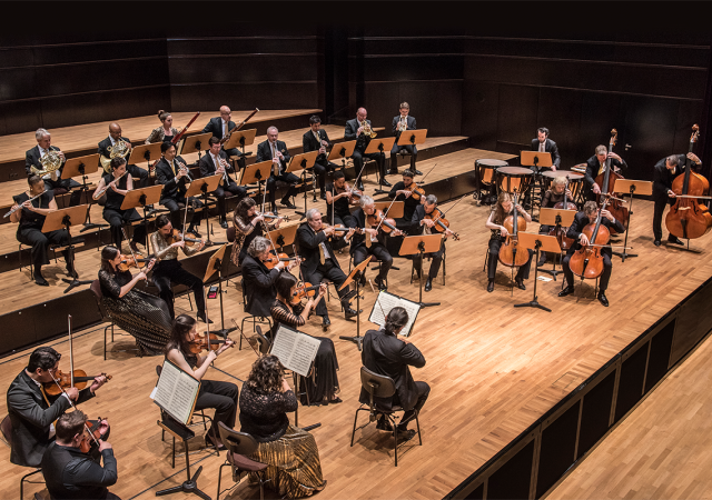 View of Orpheus Chamber Orchestra on stage from above.