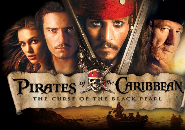 banner reading "Pirates of the Caribbean-The Curse of the Black Pearl" with four faces above it