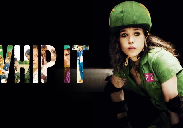 text reading WHIP IT and a roller derby player with a green uniform