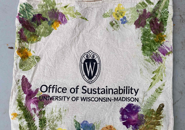 Photo of a tote bag stamped by dyed flowers.