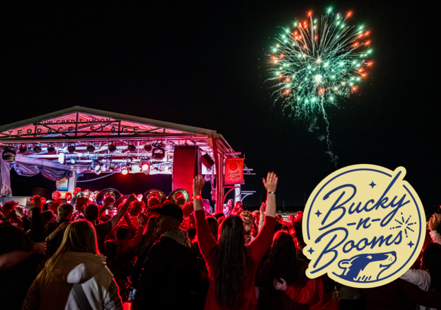 Bucky n Booms logo, with photo of fireworks on the Terrace.