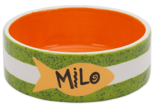 Photo of a pet dish bowl with the word "Milo".