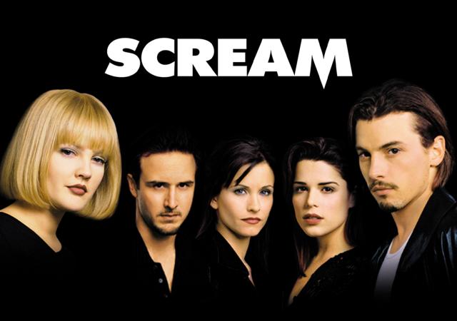 five individual cast members of Scream on black background with text "SCREAM" across top