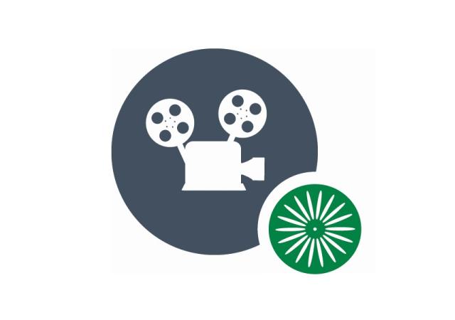 wud film committee logo, grey circle with film projector and green terrace chair