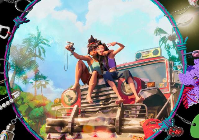 two figures taking a selfie photo, image framed by a charm bracelet