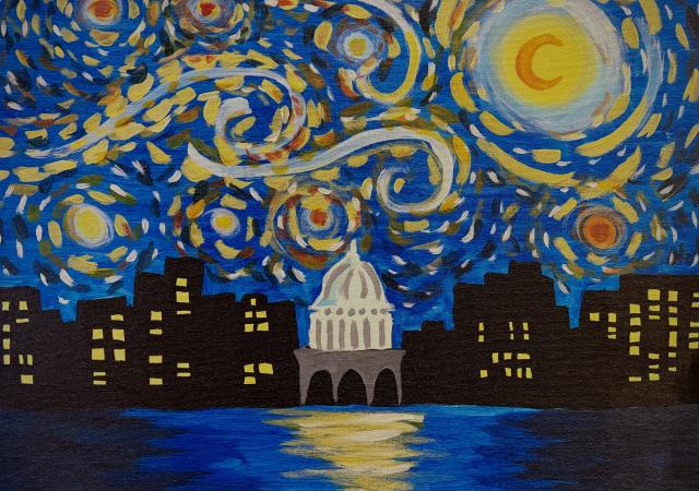 Painting of Madison and the night sky.