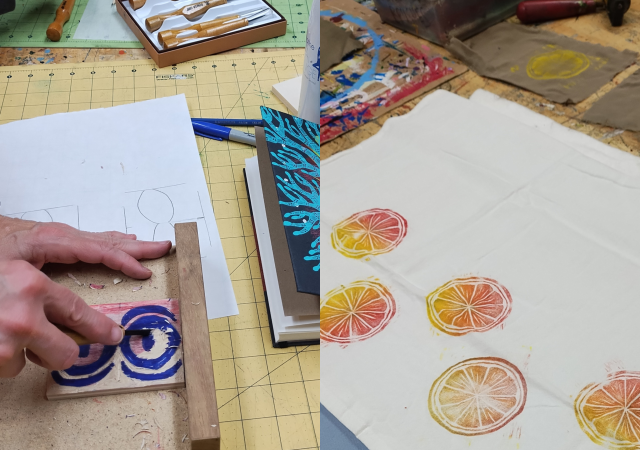Photo of woodcut prints being made.