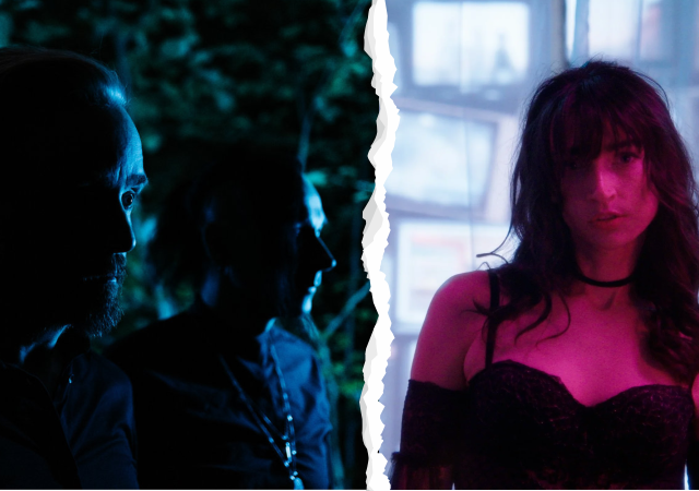 The image shows the duo Bragolin on the left (two figures in a dark wooded area illuminated by blue light), and Carellee on the right (a female figure illuminated in pink light with stacked televisions behind her).