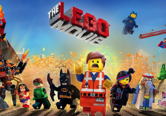 horizontal array of twelve LEGO figurine characters under text reading THE LEGO MOVIE