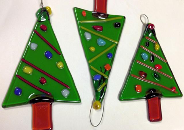 Fused glass Christmas trip ornaments.