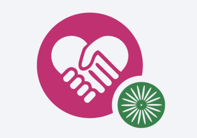 Logo graphic with pink circle and hands making heart shape in center.