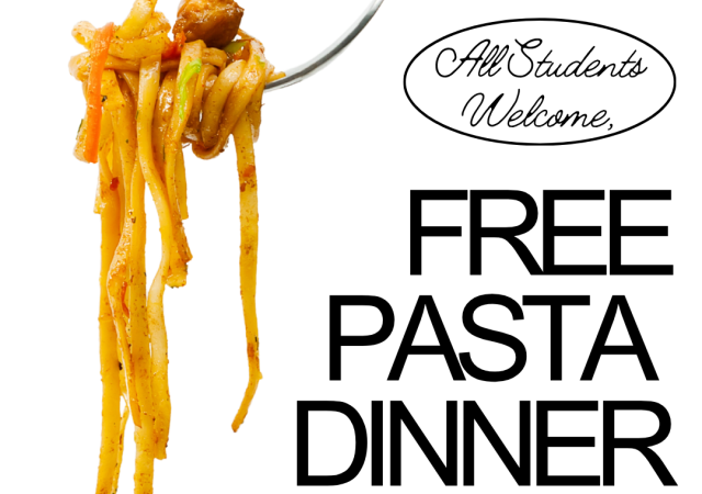 Fork holding spaghetti.  Free Pasta Dinner while supplies last. October 13, 2026, 6:30pm until 8pm.