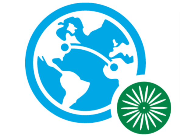 Blue globe with green sunburst sign on the lower right corner