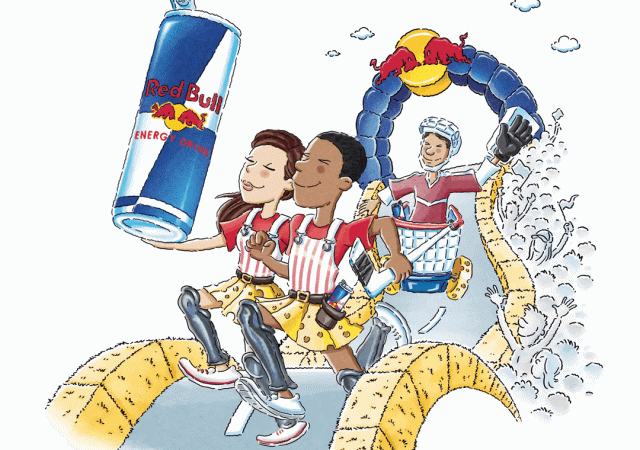 Illustrated Red Bull Chariot Race poster featuring racers in Roman-inspired costumes, a Red Bull can, and event details for Saturday, October 17, on Langdon Street