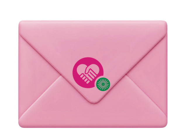 Pink envelope with VAC logo on it of hands making heart shape.
