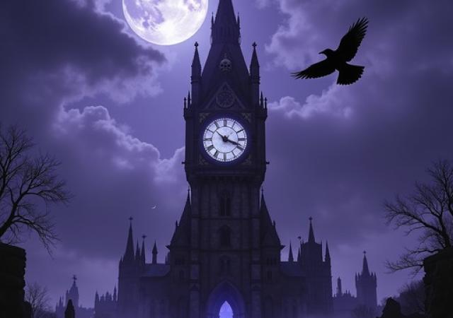A dark picture with a hue of purple with a white full moon on the top left, a big black bird flying to the right and a haunted looking clock tower in the middle.