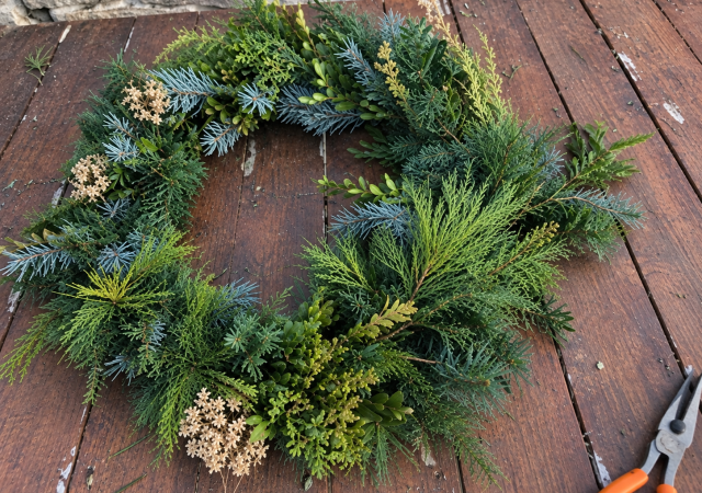 Photo of a crafted wreath with greenery.