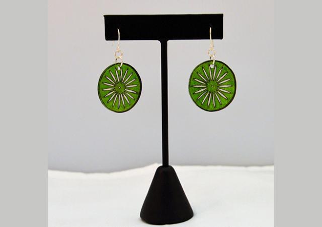 Sunburst Shrinky Dink earrings made at Wheelhouse Studios