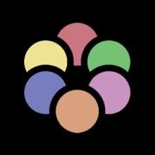 6 dots overlapping in red, yellow, green, blue, pink, orange.