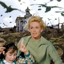Still from film The Birds, woman and children run away from a swarm of crows.