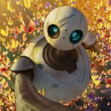 Still from film The Wild Robot (2024), round white robot looks forward surrounded by swarm of butterflies.