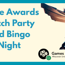 Image includes the title of the event "Game Awards Watch Party and Bingo Event", along with the WUD Games logo and an image of the Game Awards logo for decorative effect
