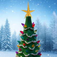 Ceramic Christmas tree against blue wintry backdrop
