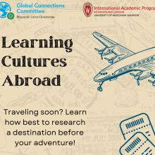 learning cultures abroad written on brown stamp-based background with global connections logo and IAP study abroad logo. 