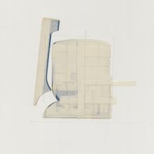 A mixed media collage by Jason Ruhl from the exhibition "The Mind Plays Tricks on You, You Play Tricks Back". It mainly consists of neutral colors, with some portions of blue, and smaller portions of red and orange. The shape is geometric, yet irregular, with varied geometric shapes and thin lines protruding from the main form. 