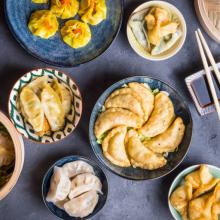 Plates containing different dumpling type foods including gyoza, wontons, and empanadas.