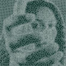 A female-presenting person who is reaching towards the viewer, with their hand partially obscuring their face. The image is very pixelated, consisting of geometric shapes rather than a clear image. The image becomes more unintelligible the closer the viewer gets to it. The image is white and green, the same colors found throughout the Union Website. 