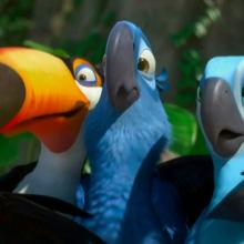 Still from film Rio (2011), three animated birds stand side by side.