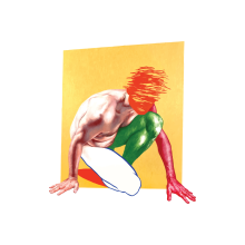 An artwork of a man crawling out of a yellow parallelogram. Some body parts are abstracted in various colors like red and green, in a scribbly, messy, and abstract way. His leg is only a blue outline, while his torso is hyper-realistic. From Russ White's exhibition, "Somebodies".