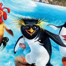 Still from film Surf's Up. Two penguins and a chicken surfing.