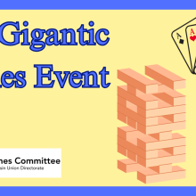Image includes event title "The Gigantic Games Event" in addition to the WUD Games logo, a Jenga game, and cards for decorative effect