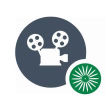 WUD Film committee logo of a white film projector illustration in a dark grey circle