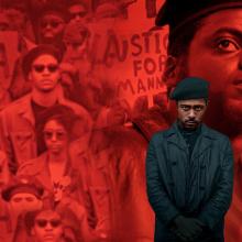 Red and black image of movie characters with full color image of individual wearing all black superimposed.