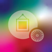 A multicolored gradient background with dark blue, teal, lilac, white, brown, yellow, pink, red, and purple all blending together. The WUD Art logo is shown in translucent white large in the center.