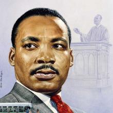 A portrait of Dr. Martin Luther King Jr. from the National Portrait Gallery. Dr. King is featured prominently just to the left of center, looking slightly left. A figure in robes in a pulpit is featured faintly behind Dr. King, a yellow and white bus with people entering is featured small in the lower left hand corner in front of Dr. King. The background is mainly white with some light blue. 