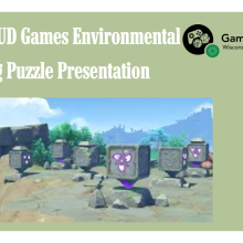 Image includes the title "GDD and WUD Games Environmental Gaming Puzzle Presentation" as well as the WUD Games logo and a puzzle from Genshin Impact for decorative effect