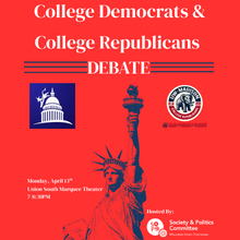 College Democrats and College Republicans Debate. Monday April 13th at Union South Marquee Theater 7-8:30PM. Hosted by WUD Society and Politics Committee 