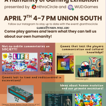 A poster displaying the title of the event "Adventures in Anthropology" along with some of the games to be played