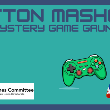 Image includes the title: Button Mashers Duo Mystery Game Gauntlet," The WUD Games Logo, and a green controller and a picture of Hatsune Miku dressed as Sonic for decorative effect