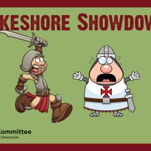 Image includes the title "Lakeshore Showdown" with the Rec Well and WUD Games logos, as well as 2 images of comedic renditions of a knight and a cleric respectively to represent the kind of vibe that Larping tends to represent