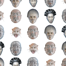 A grid of Japanese masks from Hideki Suzuki's exhibition: Imagine. The masks repeat diagonally and feature male and female faces, as well as a cat. The masks are decorative and ornate and slightly realistic, but also stylized in a traditional way.