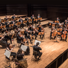 View of Orpheus Chamber Orchestra on stage from above.