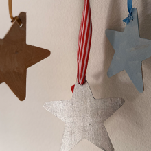 Photo of a reflective mobiles that has stars. 