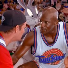 two human basketball players with two animated rabbit basketball players