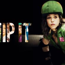 text reading WHIP IT and a roller derby player with a green uniform 
